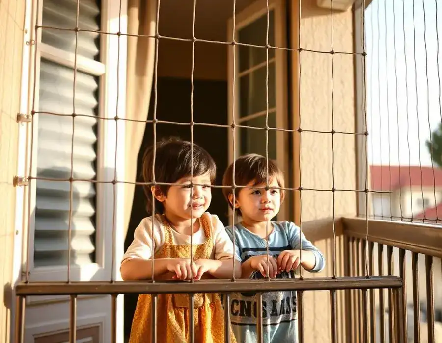 Children playing safely behind a child safety invisible grill on a Chennai balcony