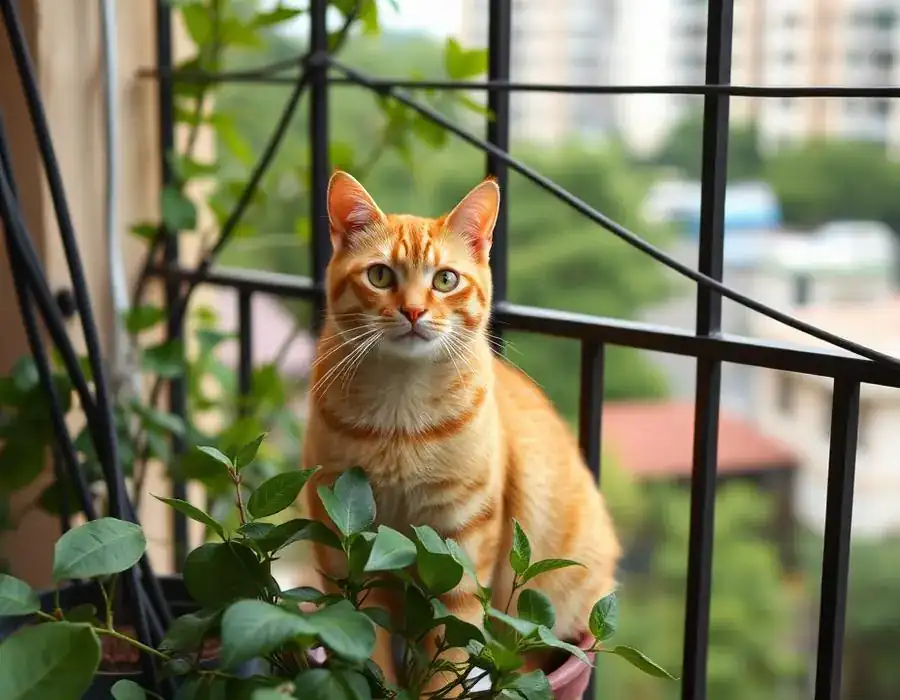 Cat sitting safely behind a pet safety invisible grill on a Chennai balcony