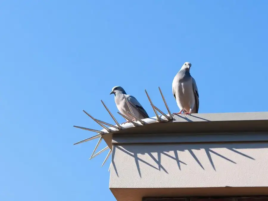 Stainless steel pigeon spikes fitted on a building ledge in Chennai