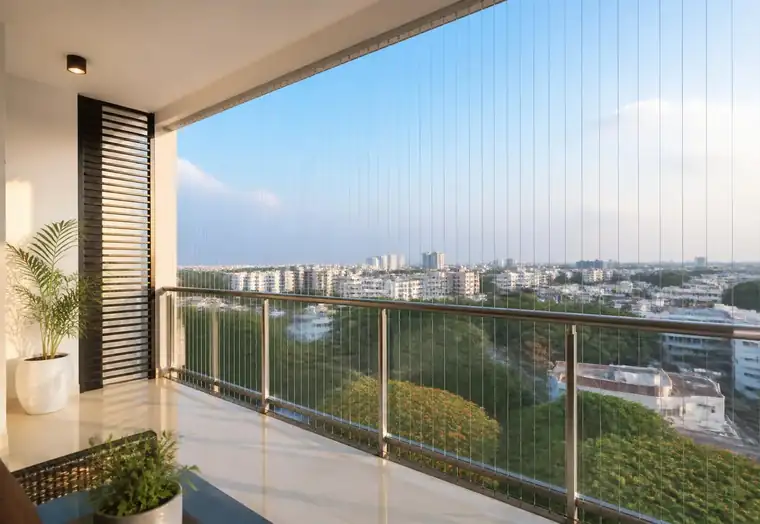 Balcony invisible grill in Chennai fitted on a high-rise apartment balcony